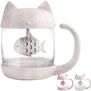 BigNoseDeer Kat Thee Cup Leuke Mok Glazen Pot met Vis-Infuser voor Losse Blad Thee (Wit 8 oz)