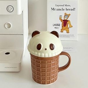 BDWMZKX Mugs Cartoon Cat Cone Mug For Girls, High-looking Home Office Water Cup With Lid, Ceramic Cup, Coffee Cup For Girls-panda-300ml