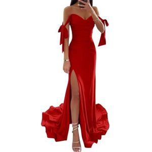 WSEYU Off Shoulder Satijn Bruidsmeisjes Jurken Zeemeermin Prom Jurk Corset Formele Avondjurk Hoge Split Bruiloft Gast Jurk, Rood, 54