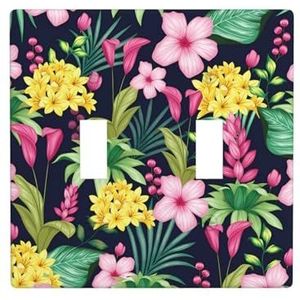 ZhaoYuGoods Hawaiiaanse kleurrijke bloemenprint muurplaat, dubbele tuimellichtschakelaar outlet cover 2-gang 11,4 cm x 11,4 cm, decoratieve pc-voorplaat voor thuis en op kantoor