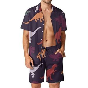 Veelkleurige dinosaurussen Hawaiiaanse sets voor mannen Button Down Trainingspak met korte mouwen Strand Outfits L