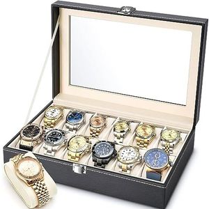 MOOING Horlogekast met 12 vakken, afsluitbaar horlogedoosje met glazen deksel, kast/horloge-display met afneembare kussens, PU-leer, fluwelen voering, 30 x 20 x 8 cm
