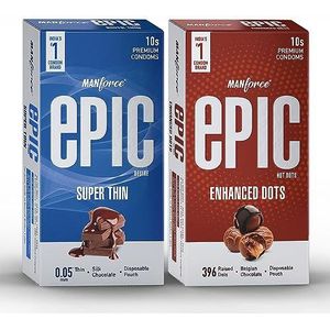 Manforce Epic Chocolate Flavoured Condooms Pack (Desire Super Thin Silk Chocolate & Belgische Chocolade 396 Verhoogde Hot Dots) Met Wegwerp Pouch, 2x10s (Pack van 2)