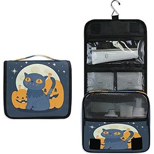 Blauwe kat opknoping opvouwbare toilettas cosmetische make-up tas reizen kit organizer opslag waszakken tas voor vrouwen meisjes badkamer