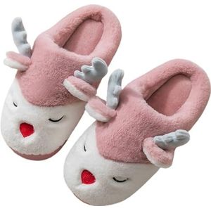BOSREROY 3D Elk Kerst Slides - Man Vrouw Pluizige Antislip Slippers voor Winter, roze, One Size
