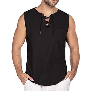 Heren Katoenen Linnen Mouwloos Vest T-shirt Met Veters, Mode T-shirt Met Grote Maten Casual Losse Tanktops, Middeleeuws Kostuum Kraag Kraag V-hals Streetwear