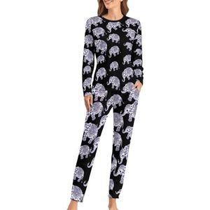 Blauwe bloemen olifant illustratie zachte dames pyjama lange mouw warme pasvorm pyjama loungewear sets met zakken XL