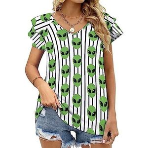 Aliens Face Stripes Casual Tuniek Tops Ruches Korte Mouw T-shirts V-hals Blouse Tee