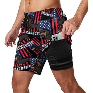 USA Teckel vlag heren zwembroek sneldrogend 2-in-1 strand sport shorts met compressie voering en zak