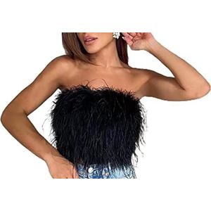 Feather Tops Voor Vrouwen Strapless Faux Fur Crop Top Mouwloos Backless Tube Top Fluffy Slim Fit Bandeau Vest Tank (Color : Black, Size : L)