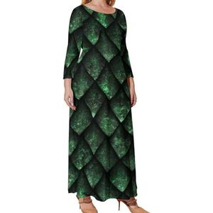 Groene Draakschaal Grafische Plus Size Jurk Voor Vrouwen Casual Lange Mouwen Maxi Jurken