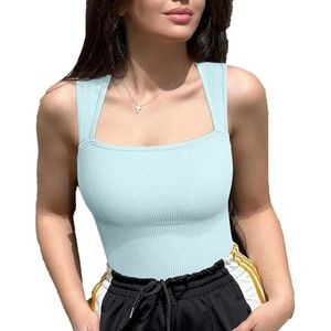 Mouwloos Buikcontrole-bodysuit, Sexy Geribbelde Vierkante Hals Naadloze Compressie Billenliftende Shapewear For Dames Sexy Vierkante Hals Mouwloze Tanktops Body's(Blue B,S)