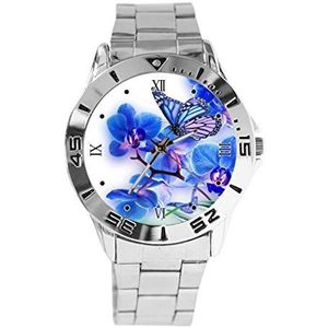 Blauwe bloem en vlinder ontwerp analoog polshorloge quartz zilveren wijzerplaat klassieke roestvrij stalen band vrouwen mannen horloge