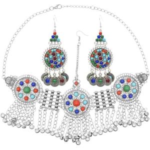Vintage etnische lange kettingen klokken hoofdtooi munt oorbellen kleurrijke acryl kralen zendspoel Gypsy Tribal Afghaanse jurk sieraden set (Color : C silver jewelry set)