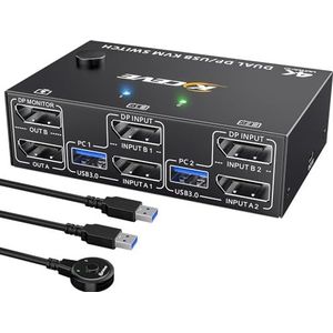 Displayport KVM Switch 2 Monitoren 2 Computers 8K@30Hz 4K@144Hz, USB3.0 Dual Monitor KVM Switch met 4 USB 3.0 Poorten voor USB-apparaat, Bekabelde Afstandsbediening en 2*USB Kabels Inbegrepen