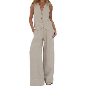 Linnen Pak Elegant Vrijetijdspak voor Dames Zomerlinnen Tweedelige Outfit Mouwloze Blazer Vest en Broek met V-hals 2-delige Pakset Casual Effen Broekpak(Beige,L)