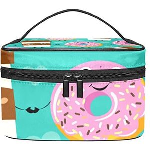 Grappige Cartoon Smiley Donuts Koffiekop Make-up Organizer Bag, Reizen Make-up Tas Organizer Case Draagbare Cosmetische Tas voor Vrouwen en Meisjes Toiletartikelen, Meerkleurig, 22.5x15x13.8cm/8.9x5.9x5.4in