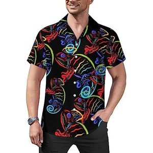 Gloed gekleurde kameleon casual overhemden met knopen voor heren korte mouw Cubaanse kraag T-shirts tops Hawaiiaans T-shirt L