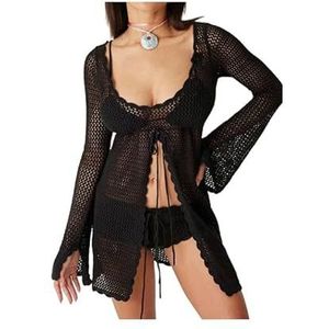 Beach Cover Up Knitted Crochet Beach Cover Up Beach Pullover Shirts Top Lace-Up Wear Beachwear Female Women-Black-S