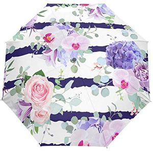 Jeansame Paars Roze Berry Rose Gestreepte Bloem Vouwen Compacte Paraplu Automatische Regen Paraplu's voor Vrouwen Mannen Kid Jongen Meisje