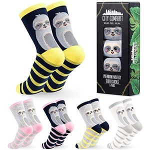 CityComfort Sokken Dames 4-7 Funny Luiaard Sokken - 5 Paar, Grijs/Zwart, Eén Maat
