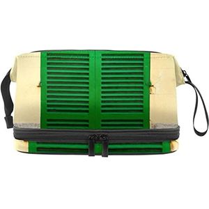 Multifunctionele opslag reizen cosmetische tas met handvat,Groene houten ramen, grote capaciteit reizen cosmetische tas, Meerkleurig, 27x15x14 cm/10.6x5.9x5.5 in