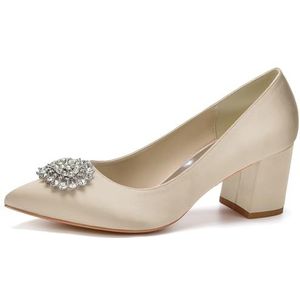 HFWXYSA Dames Bruids Trouwschoenen Chunky Blok Hak Jurk Pompen Satijn Kristal Gesloten Teen Bruidsmeisje Schoenen,Champagne,35 EU