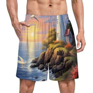 Lighthouse Beach Birds grappige pyjama shorts voor mannen pyjamabroek heren nachtkleding met zakken zacht
