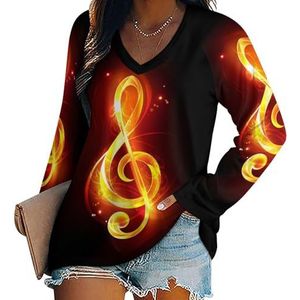 Fiery Musical Note Key dames casual T-shirts met lange mouwen V-hals bedrukte grafische blouses T-shirt tops 5XL