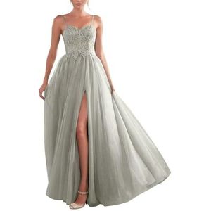 YIANN Glitter Tule Galajurken met Split voor Vrouwen Mouwloos Korset A-lijn Lange Formele Jurk Avondjurk, Zilver, 32