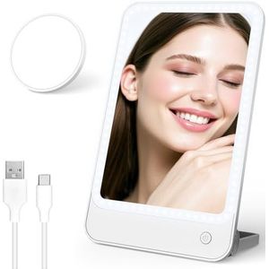 Onftrym Verlichte vergrotende spiegel, vergrotende spiegel x 10/x 1, verlichting met 3 kleuren en instelbare helderheid, 180 graden draaibaar, verlichte spiegel, opvouwbare make-upspiegel met 40 leds