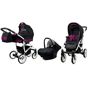 BabyLux Largo 3 in 1 Baby Reis Systeem Kinderwagen Autostoel Afneembare Regenhoes Voetenzak Dragende Wielen Pasgeborene tot Baby Black Purple White Frame