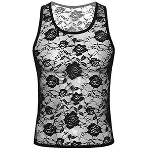 Latex Mens Sissy See Through Sheer Lingerie Stretchy Floral Lace Hollow Out Sexy Muscle Fitted T-Shirt Undershirt Club Tank Top-Black_Xl