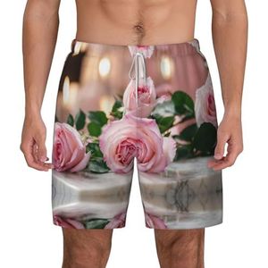 EdWal Roze Rose Print dubbellaags strandshort,Heren zwembroek sneldrogende zwemshorts Board Shorts, Wit, XXL