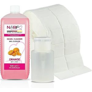 NAILS FACTORY | N&BF nagelreinigingsset met geur 500 ml + dispenser pompflesje wit 150 ml + 1000 cellulose pads (2 rollen à 500 stuks) - 70% isopropanol alcohol - voor gelnagels - (oranje)