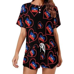 I Love Haiti Rood Hart Mode 2 Stuks Dames Pyjama Sets Korte Mouw Nachtkleding Zachte Loungewear Stijl-26
