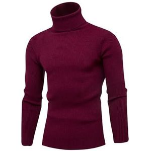 Heren coltrui casual herfst winter effen kleur gebreide slim fit truien lange mouwen warme herenkleding (Color : Wine Red1, Size : XL)