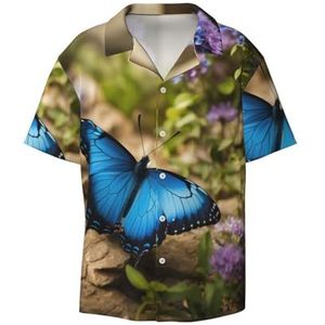 OdDdot Blauwe vlinder en bloemenprint heren button down shirt korte mouw casual shirt voor mannen zomer business casual overhemd, Zwart, XXL