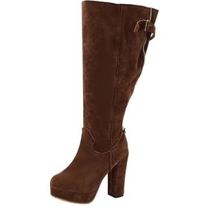 Dames Kniehoge Laarzen Met Blokhak Retro Suède Rijlaarzen Met Rits Brede Buis Instapschoenen for Dames Winterplatform Hoge Hakken for Dames(Brown,43 EU)