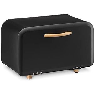 Navaris metalen broodtrommel met klapdeksel - Vershouddoos voor brood - 35 x 24 x 23 cm - Van ijzer met houten details in zwart