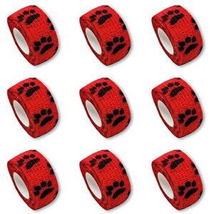 Set van 9 kinderpleisters, vingerverband, pleisterverband, pleisters zonder lijm, motief poot rood, 2,5 cm x 4,5 m, elastisch, waterafstotend, samenhangend