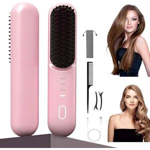Draadloze stijlborstel, 3D draagbare mini-stijlborstel, 140-200 °C, 4 temperatuurinstellingen, negatieve ionenborstel voor glad en krullend haar, met haarclip en greepkam