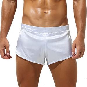 Mens Satin Jockstrap Boxer Shorts Grote Split Side Pyjama Bottom Silky Lounge Shorts Nightwear Trunks Athletic Supporters (Color : White, Size : M)