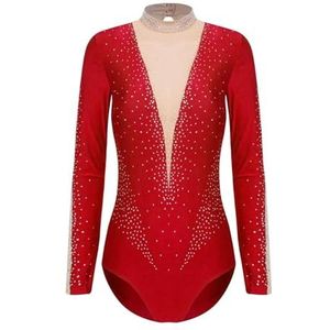 NUOYIXUAN Gymnastiekoverall voor dames, balletdansshirt met doorzichtige mesh, patchwork, bodysuit met lange mouwen, voor dames, yoga, kunstschaats-overall (rood, S)