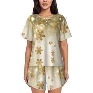RIVETECH Gouden zijden kerstprint dames pyjama met korte mouwen - comfortabele korte sets, mouwen nachtkleding met zakken, Zwart, XL
