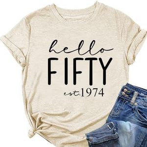 Hello Fifty Est 1974 Vrouwen Shirt 50e Verjaardagscadeau Tops Zomer Grappige Brief Print Tees Korte Mouw Retro T-shirts, Beige, XL