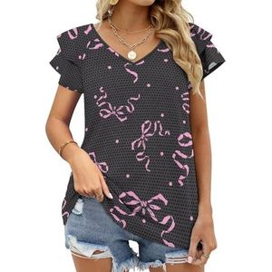 Roze Linten Op Zwarte Grafische Blouse Top Voor Vrouwen V-hals Tuniek Top Korte Mouw Volant T-shirt Grappig