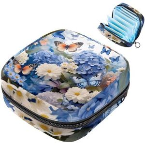 MUOOUM Madeliefjes Bloemen Vlinder en Hortensia's Maandverband Opbergtas Menstruatie Pad Tas Draagbare Menstruatie Cup Pouch met Rits voor Tiener Meisjes Vrouwen Dames
