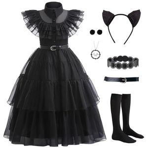 PTAYLTZX Woensdag Jurk voor kinderen en meisjes, Addams Family Cosplay outfit, gothic kostuums voor Halloween, familiefeest, verjaardag (zwart, 2-3 jaar)