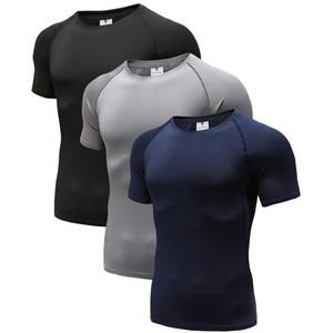 Heren (Pack van 3) Cool Dry Compressie Korte Mouw Sport Baselayer T-shirts Tops, Zwart/Grijs/Navy, L